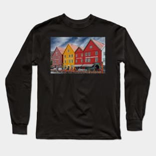 Historic Bryggen Buildings in Bergen Norway Long Sleeve T-Shirt